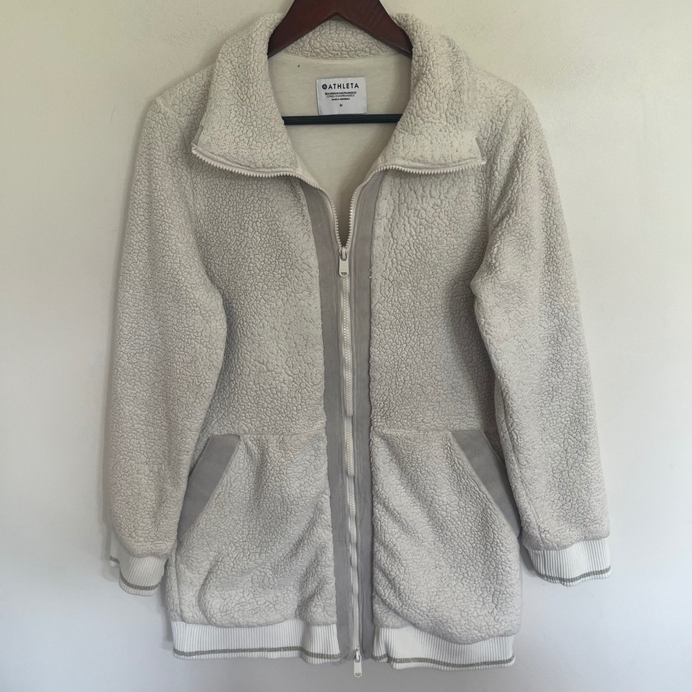 Athleta Tugga Coat Womens Medium Cream Sherpa‎ Fleece Full Zip Jacket Long
